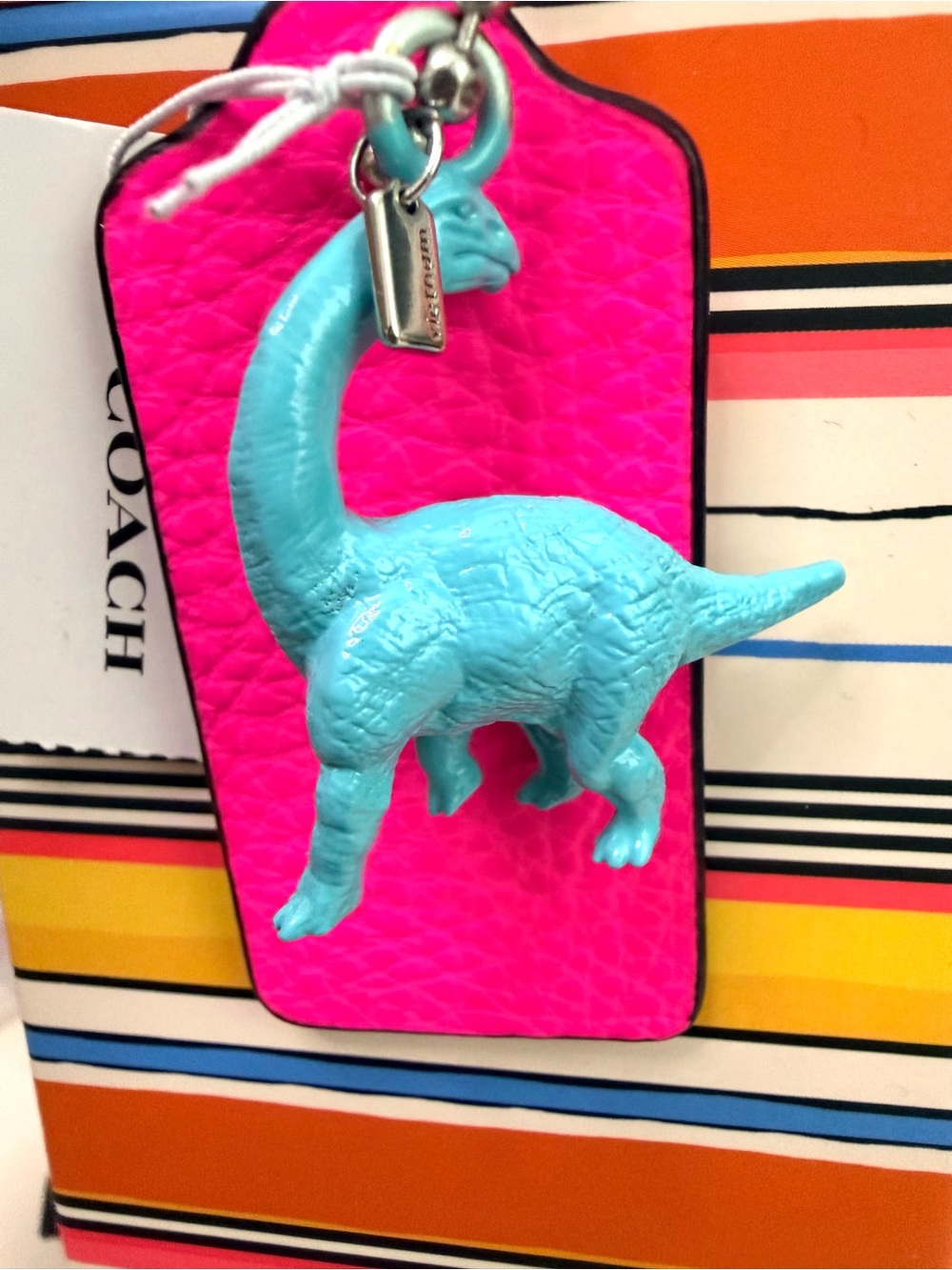 Coach Hot Pink Leather Tag with Turquoise Dinosaur Charm